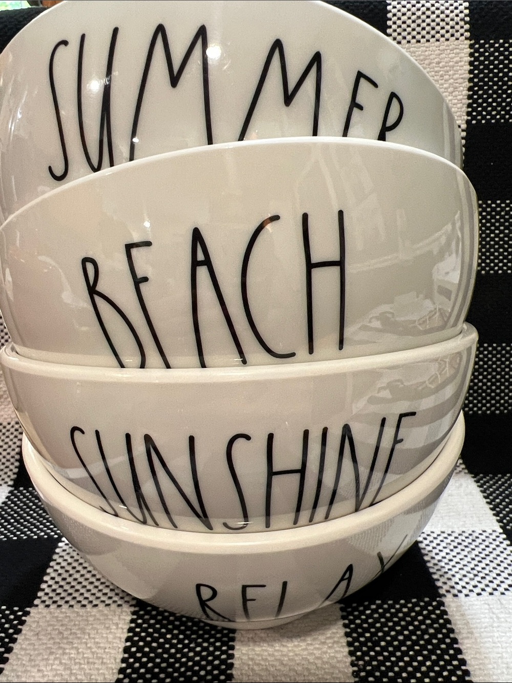 Rae Dunn White melamine Bowls with Black Text - RELAX, SUNSHINE, BEACH & SUMMER